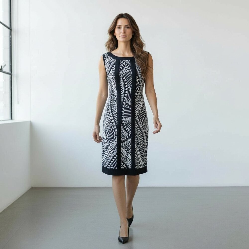 60s Mod Print Retro Nina Ricci Style Sleeveless Dress Black & White Shift Dress - Picture 15 of 16